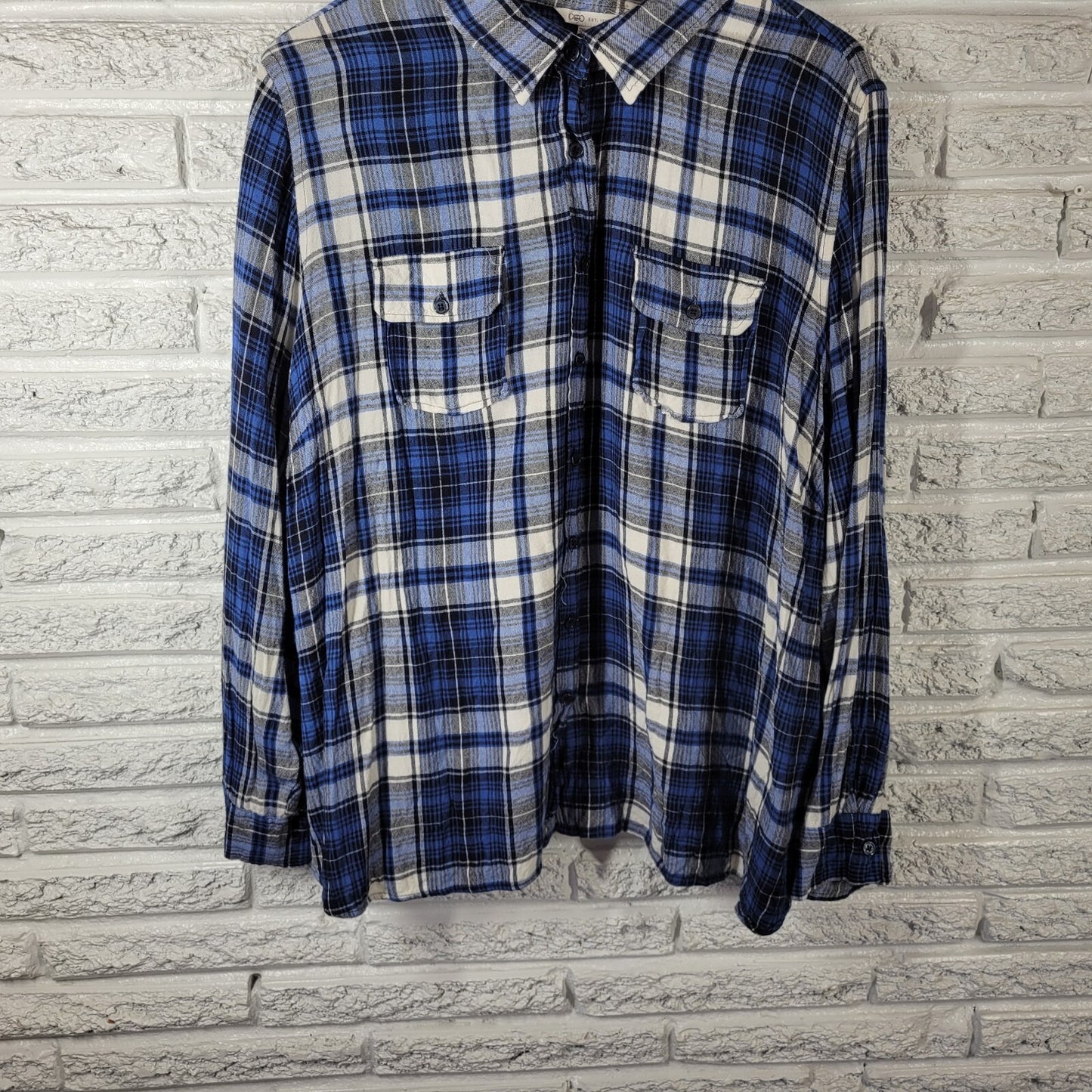 Cato Est 1946 Women Top 26W 28W Plus Long Sleeve Blue Plaid Pockets Rayon