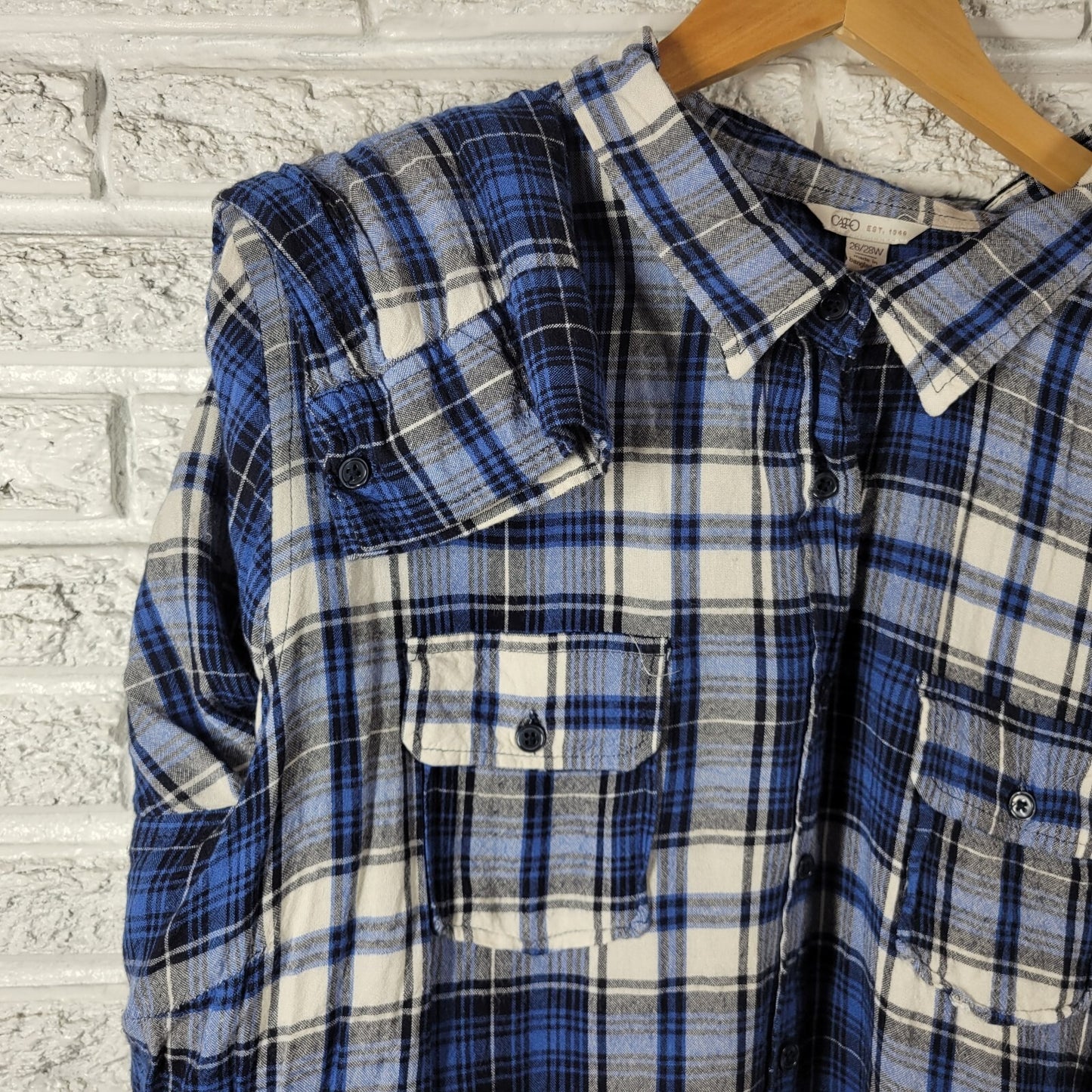 Cato Est 1946 Women Top 26W 28W Plus Long Sleeve Blue Plaid Pockets Rayon