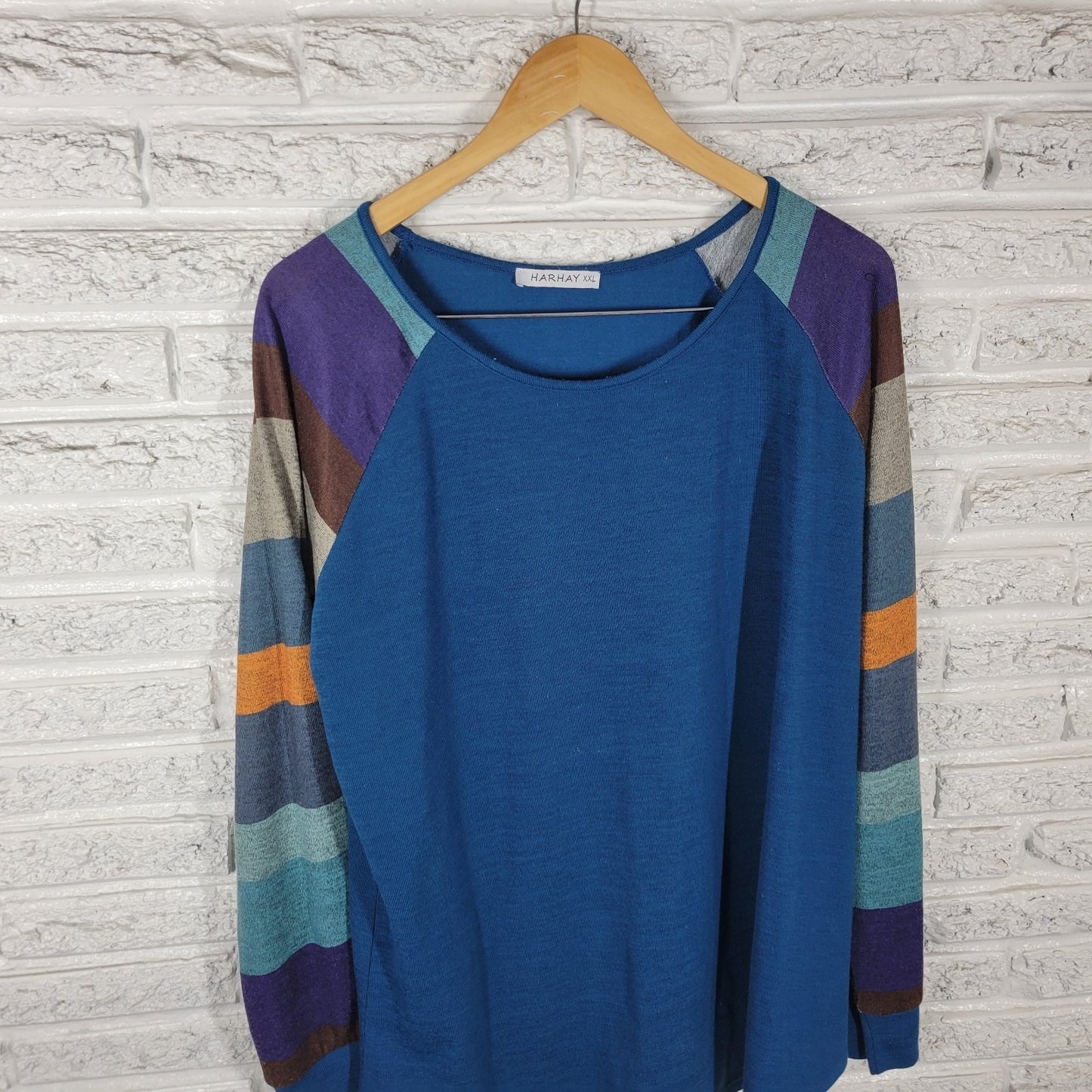 Harhay Womens Top XXL Plus Long Sleeve Blue Purple Stripe Knit Poly Blend Casual