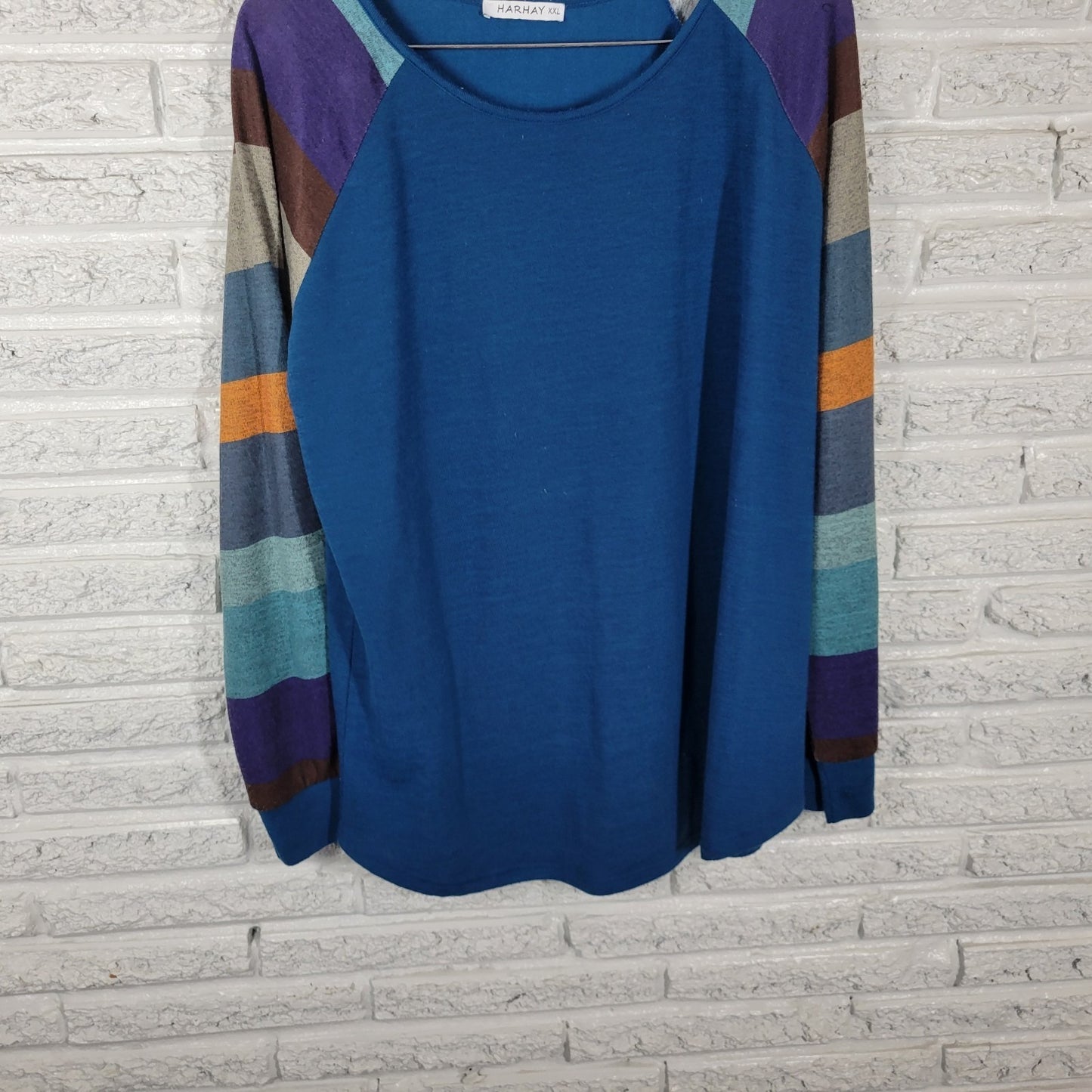 Harhay Womens Top XXL Plus Long Sleeve Blue Purple Stripe Knit Poly Blend Casual