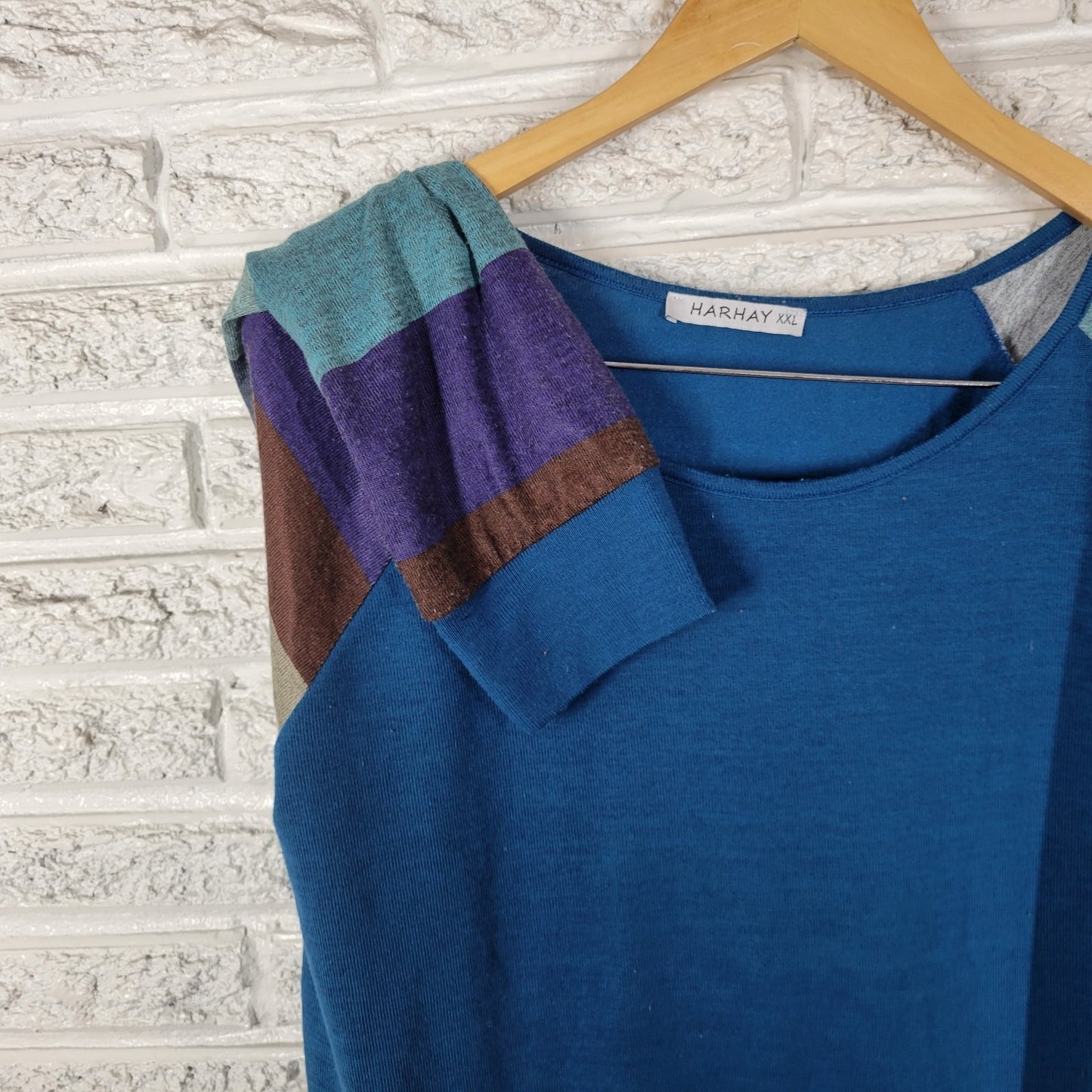 Harhay Womens Top XXL Plus Long Sleeve Blue Purple Stripe Knit Poly Blend Casual