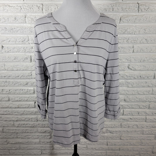 Studio Works Womens Top XL 3/4 Cuff Sleeves Gray Stripe Cotton 1/4 Button Casual