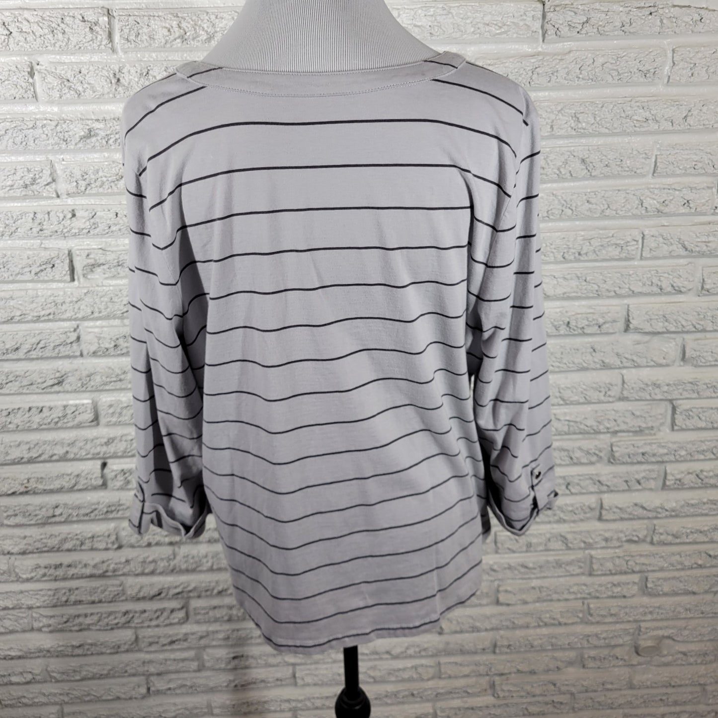 Studio Works Womens Top XL 3/4 Cuff Sleeves Gray Stripe Cotton 1/4 Button Casual