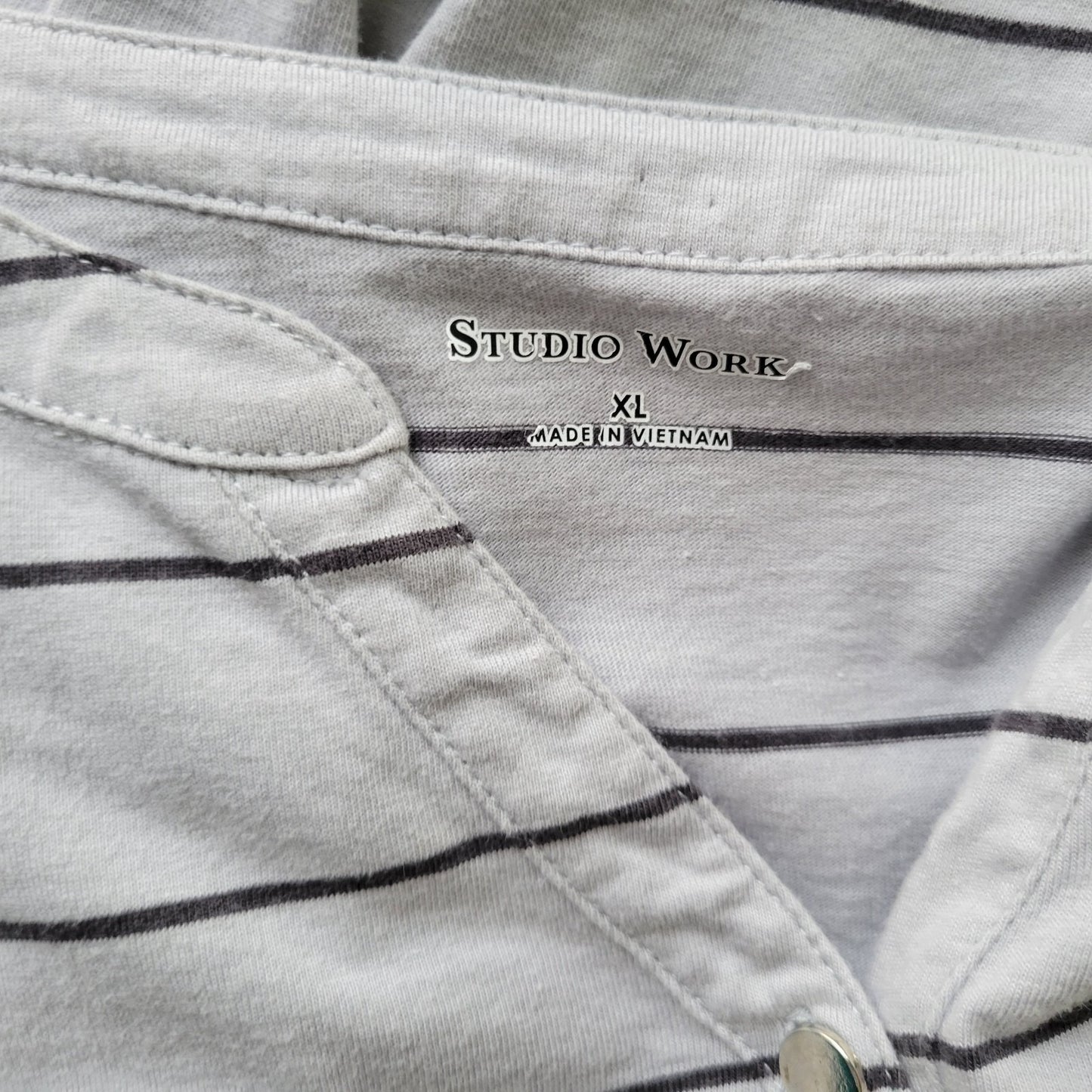 Studio Works Womens Top XL 3/4 Cuff Sleeves Gray Stripe Cotton 1/4 Button Casual