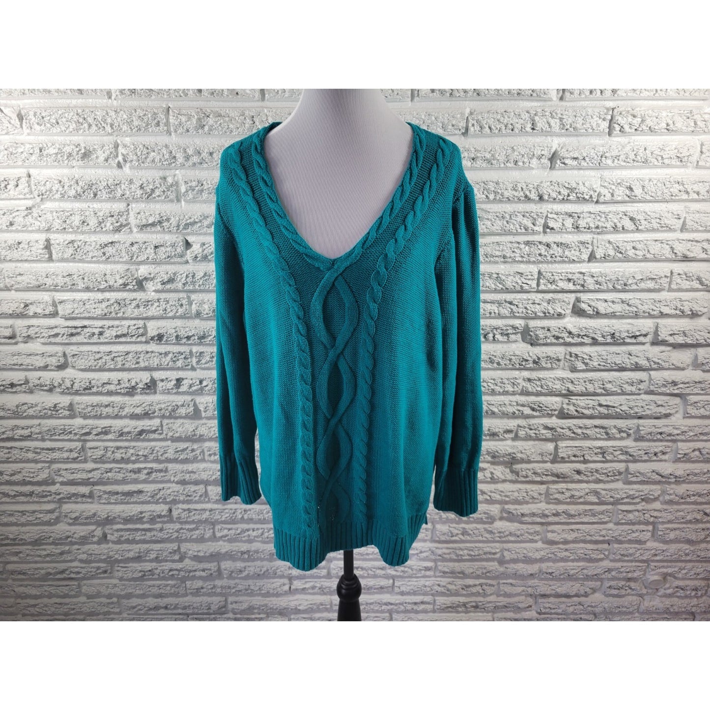 Chaps Womens Sweater 3X Plus Pullover Cable Knit Blue Green Cotton Blend Casual