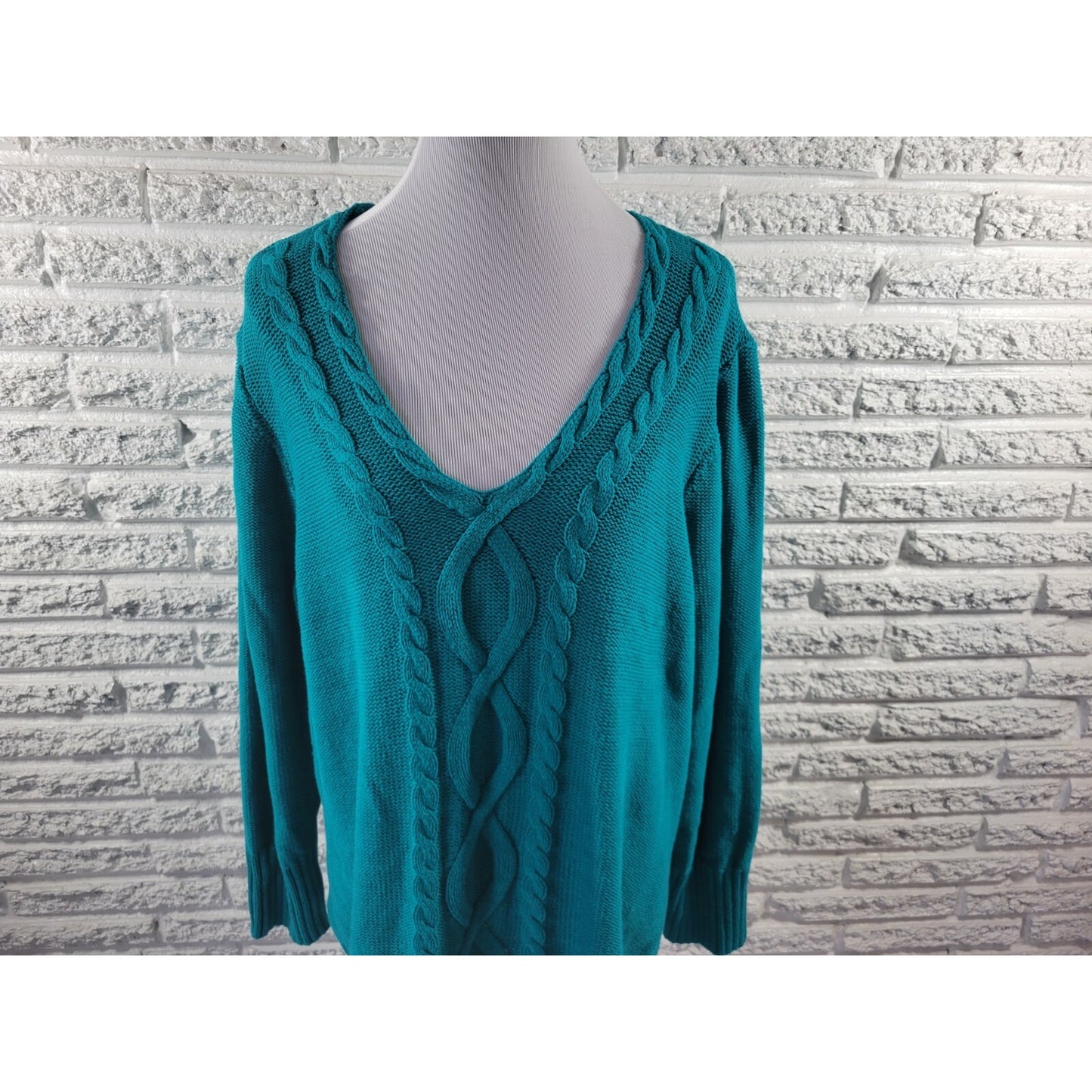 Chaps Womens Sweater 3X Plus Pullover Cable Knit Blue Green Cotton Blend Casual