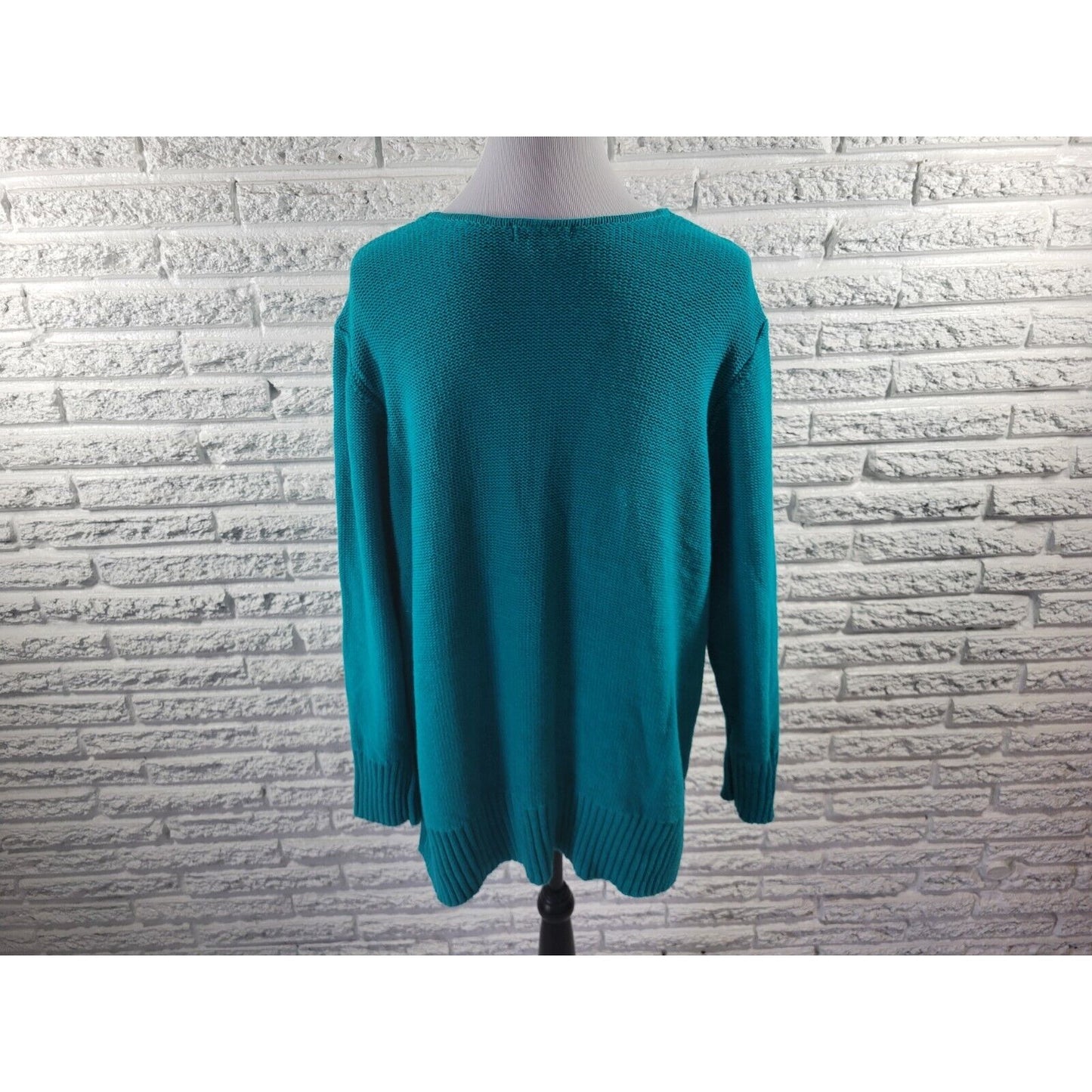 Chaps Womens Sweater 3X Plus Pullover Cable Knit Blue Green Cotton Blend Casual