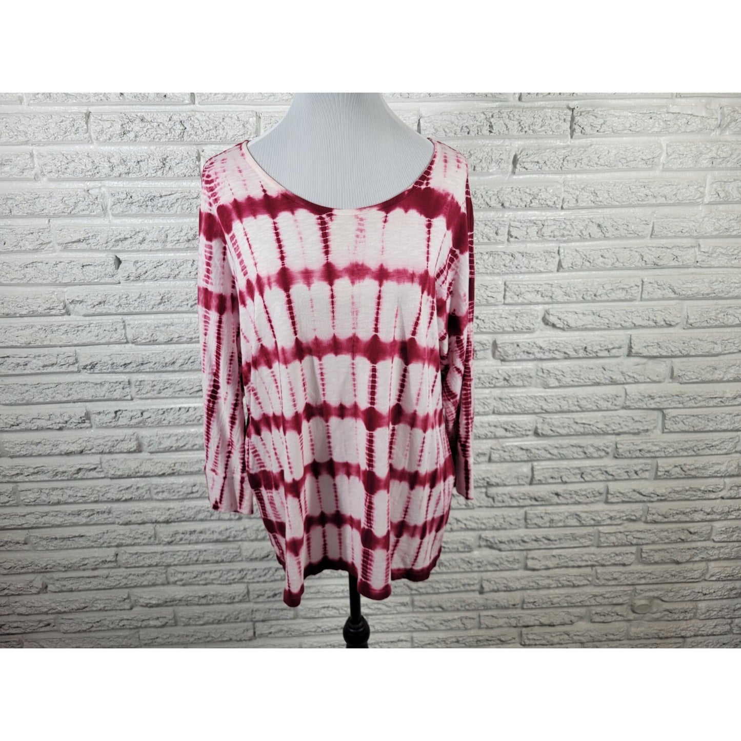 Chicos Womens Top 3 Standard Extra Large 3/4 Sleeve Pink Tie Dye Cotton Blend