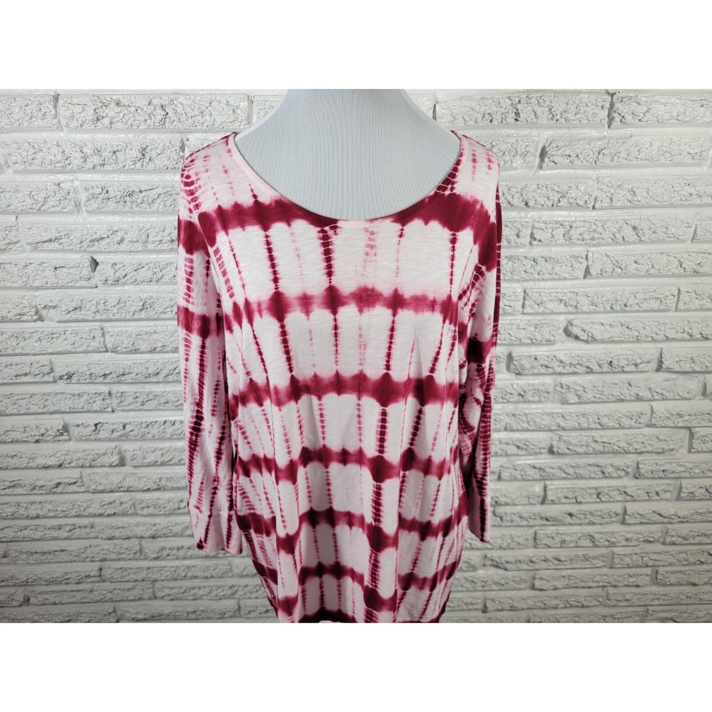 Chicos Womens Top 3 Standard Extra Large 3/4 Sleeve Pink Tie Dye Cotton Blend