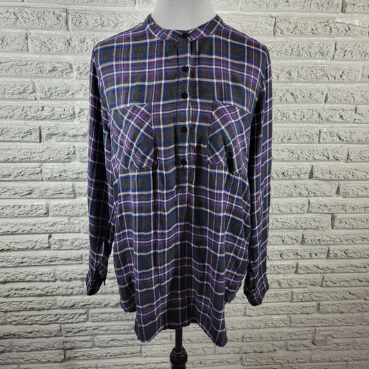 Lucky Brand Womens Top Extra Large Blue Purple Plaid Lightweight Pockets Casual