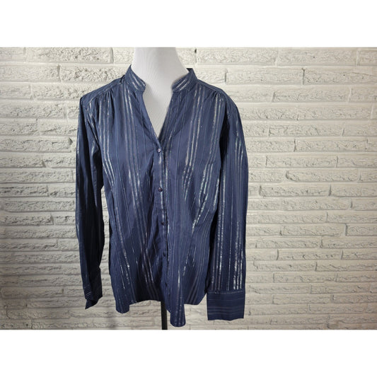 Ana Womens Top 3X Plus Long Sleeve Button Up Blue Silver Metallic Stripe Career