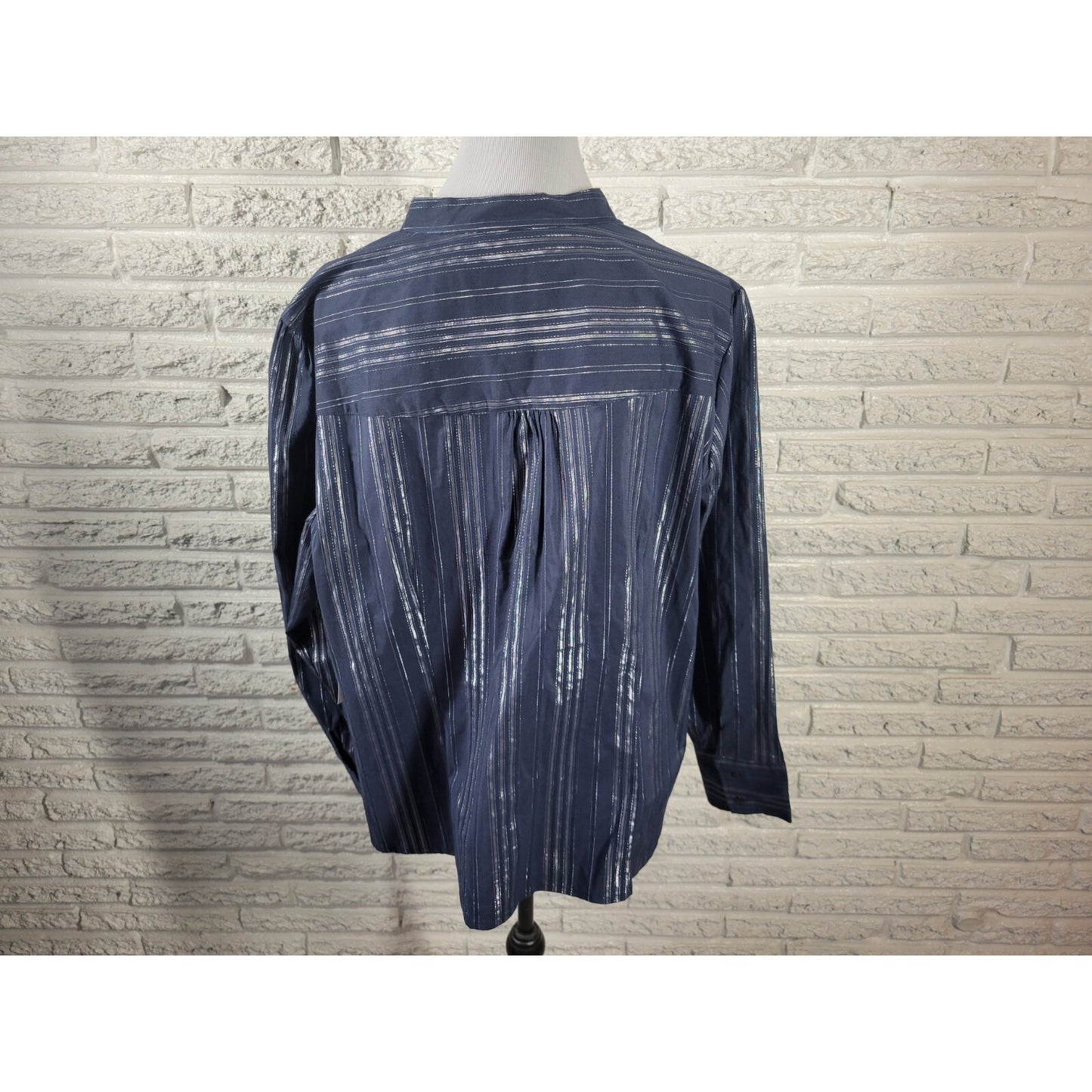 Ana Womens Top 3X Plus Long Sleeve Button Up Blue Silver Metallic Stripe Career