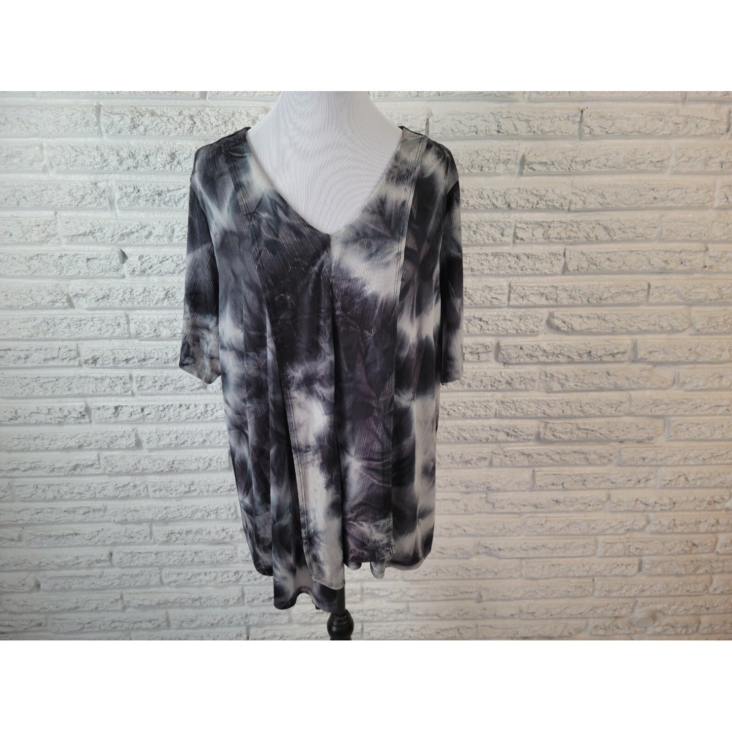Alyx Womens Top 2X Plus Short Sleeve Black Tie Dye Polyester Sheer Pullover