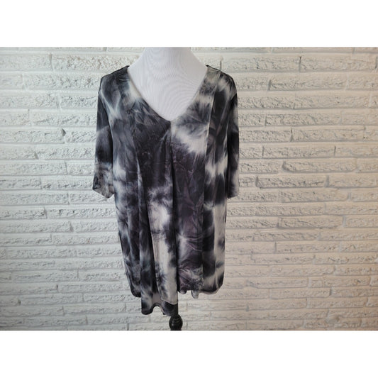 Alyx Womens Top 2X Plus Short Sleeve Black Tie Dye Polyester Sheer Pullover