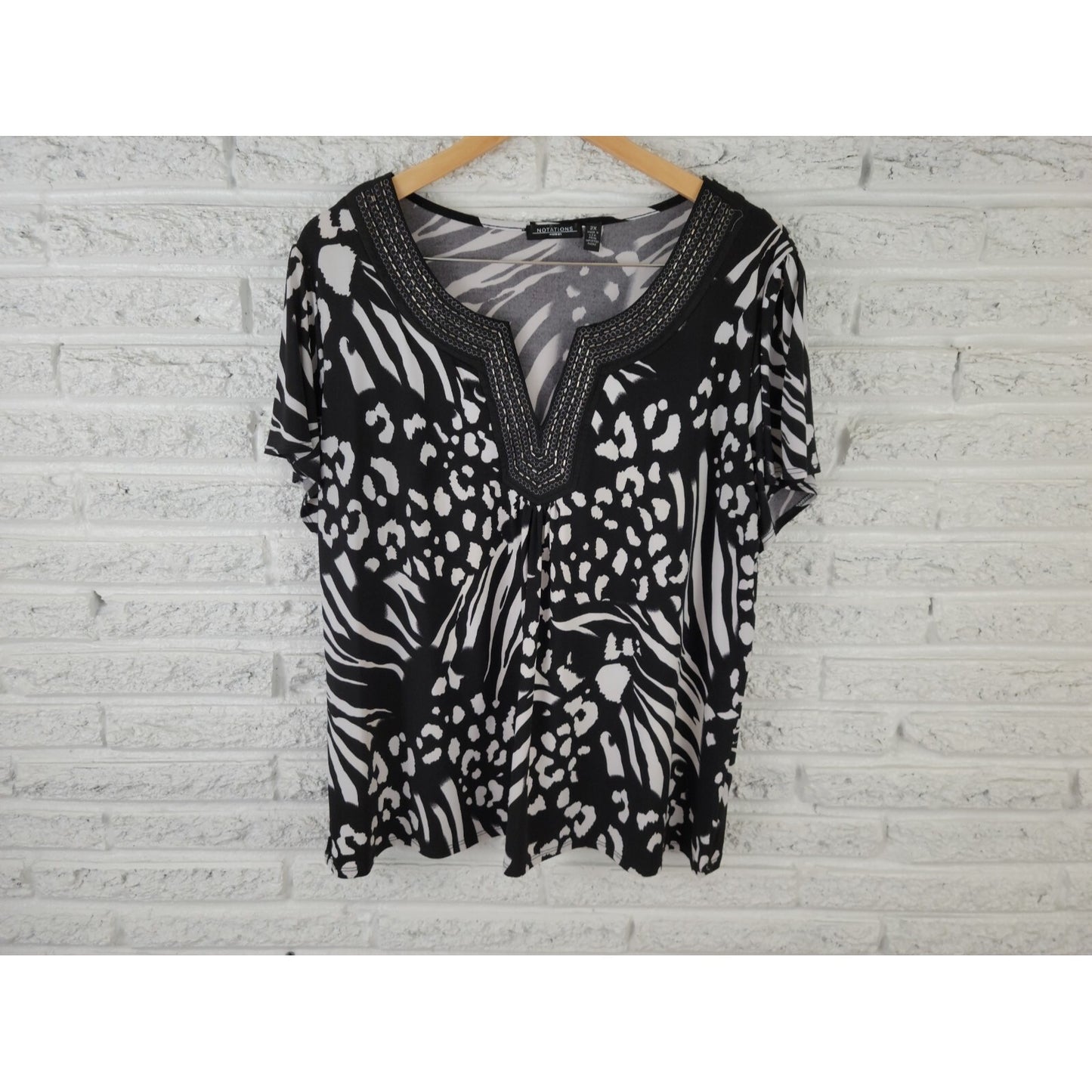 Notations Womens Top 2X Plus Short Sleeve Pullover Career  Black Animal Print