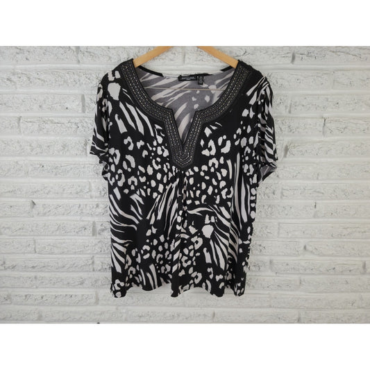 Notations Womens Top 2X Plus Short Sleeve Pullover Career  Black Animal Print