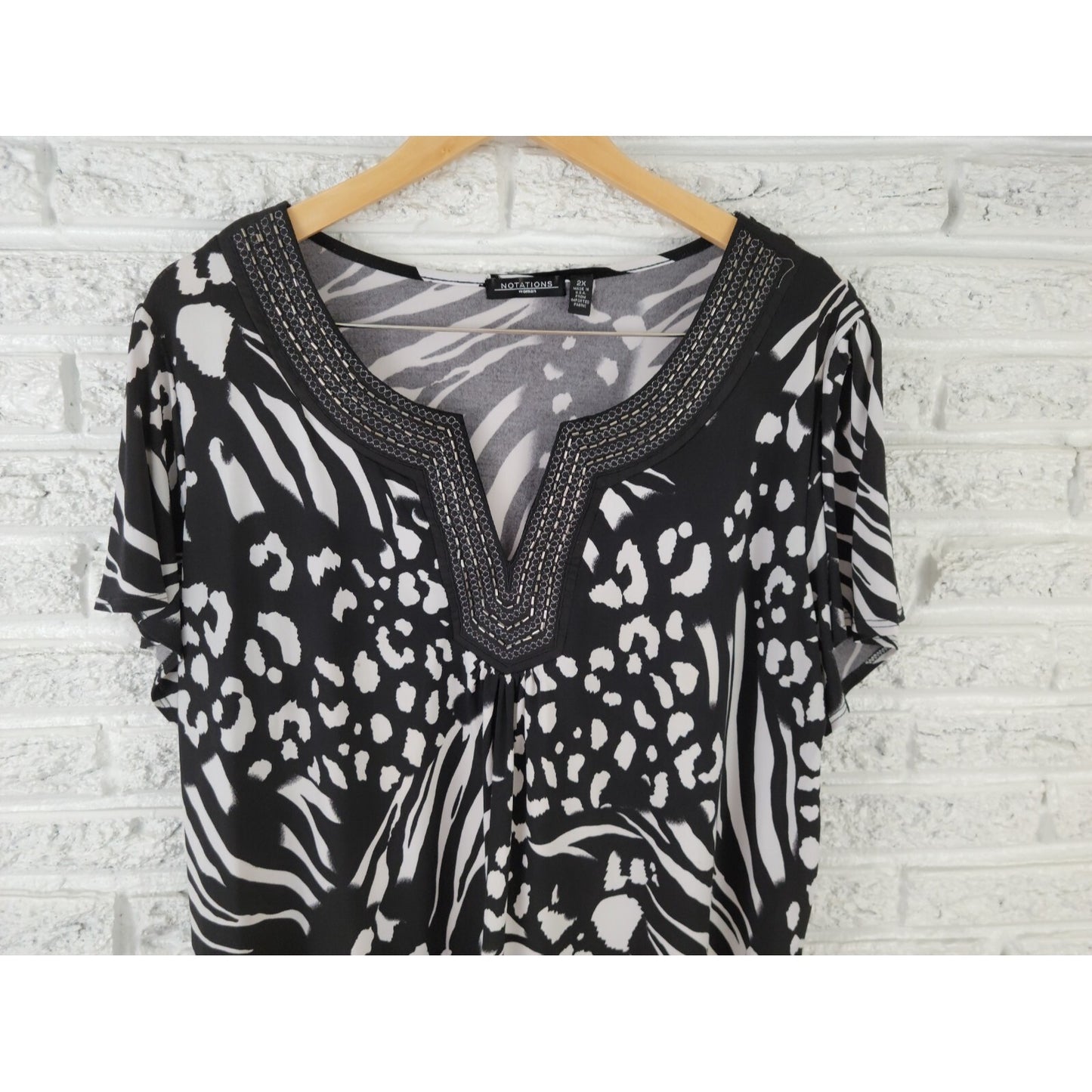 Notations Womens Top 2X Plus Short Sleeve Pullover Career  Black Animal Print