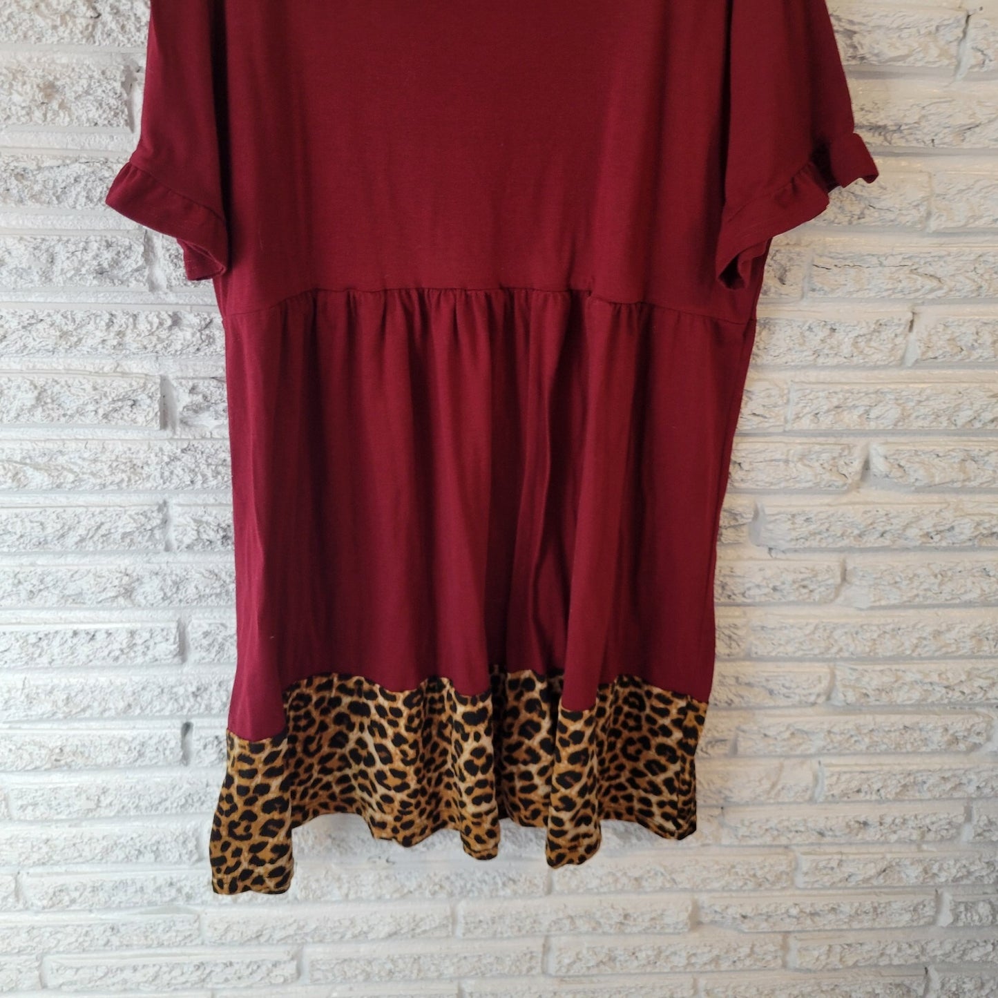 Shein Curve Womens Dress 3XL Plus Mini Bell Sleeve Pleated Burgundy Animal Print