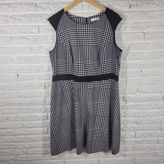 Calvin Klein 18W Plus Size Houndstooth Sheath Dress Mesh Shoulder Black Work