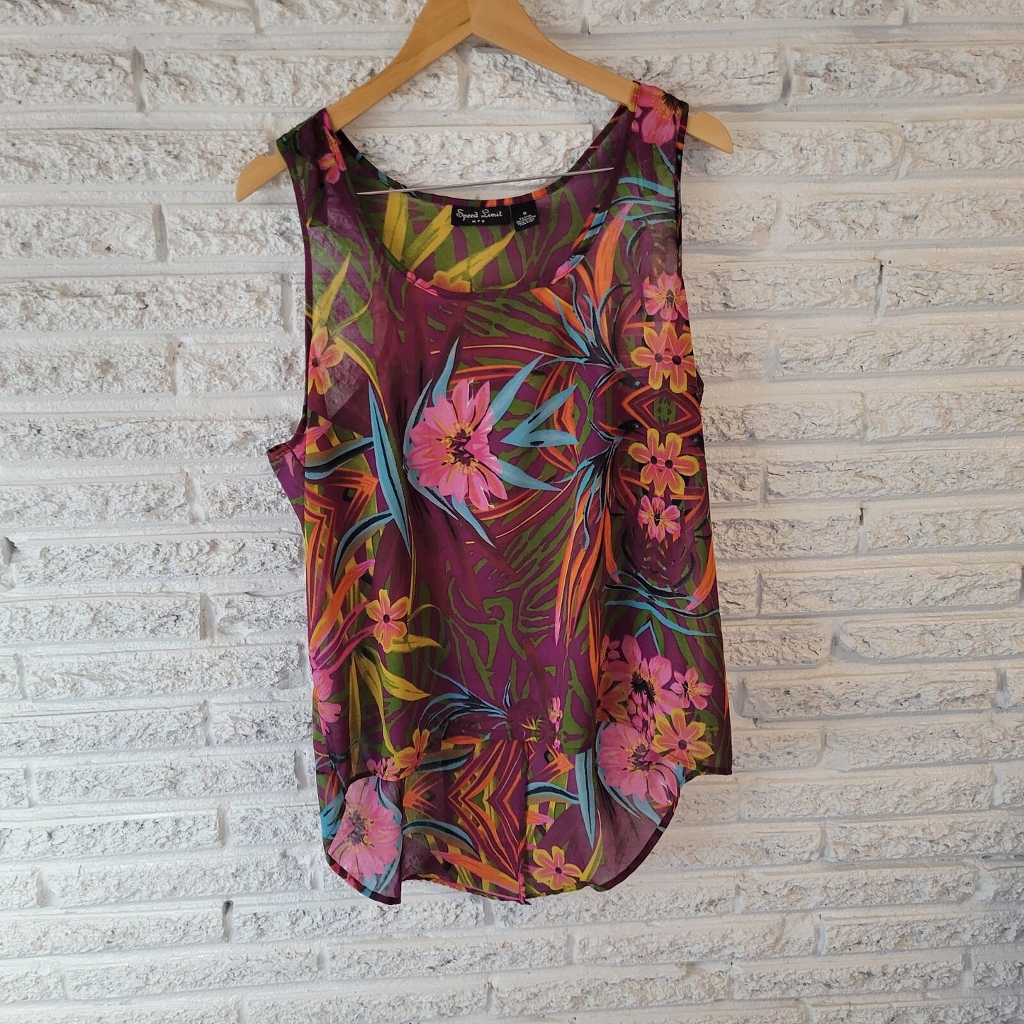 Speed Limit MPR Womens Top 1X Plus Overlay Purple Floral High Low Split Back