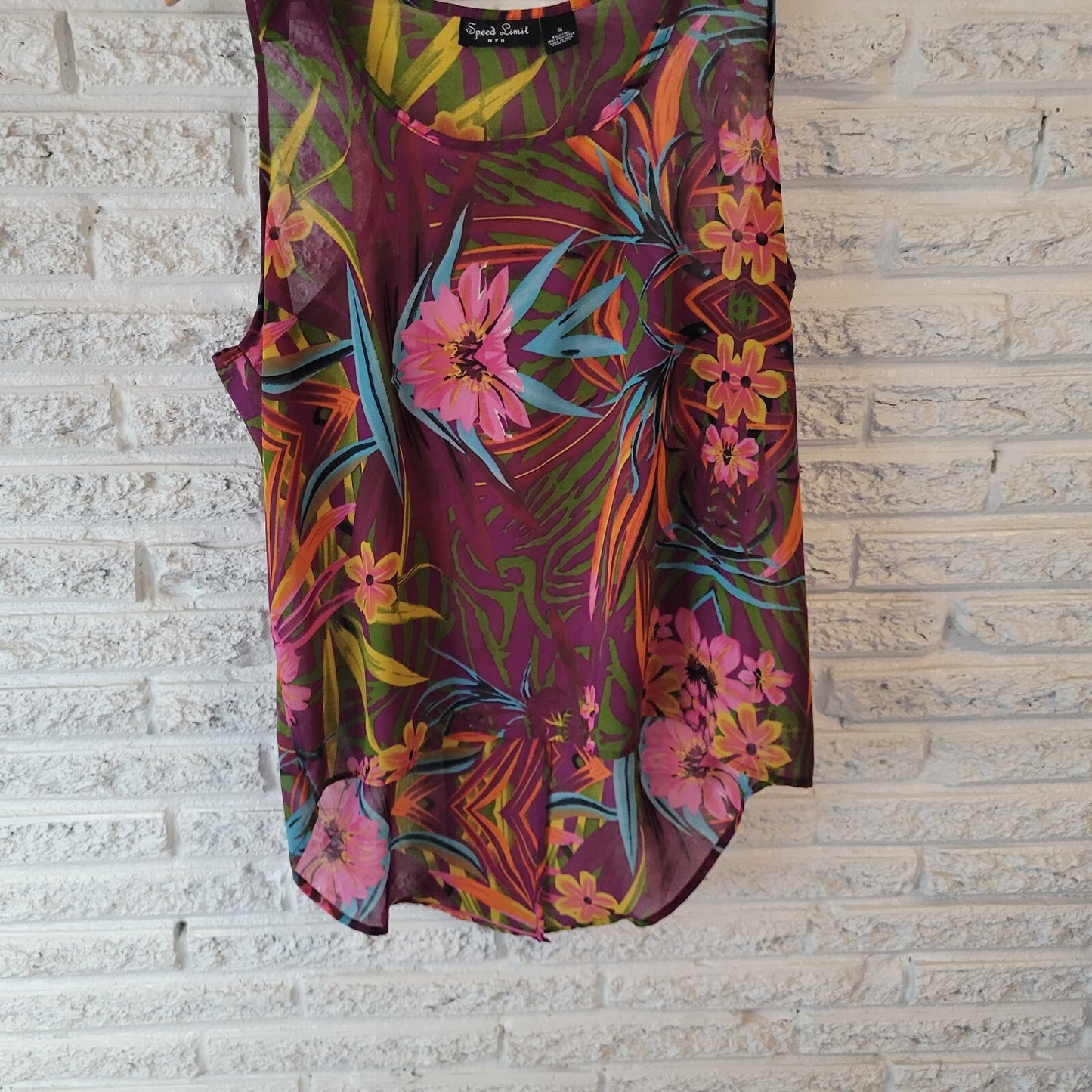 Speed Limit MPR Womens Top 1X Plus Overlay Purple Floral High Low Split Back