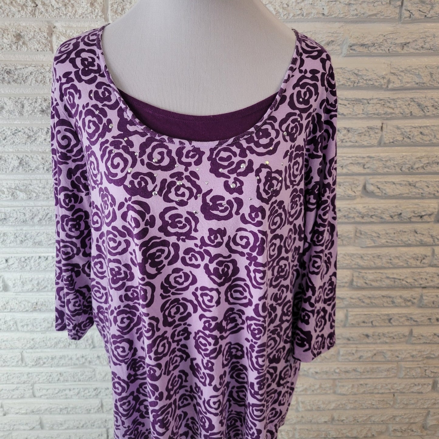 White Stag Womens Top 2X Plus 3/4 Sleeve Purple Floral Studded Casual Comfy