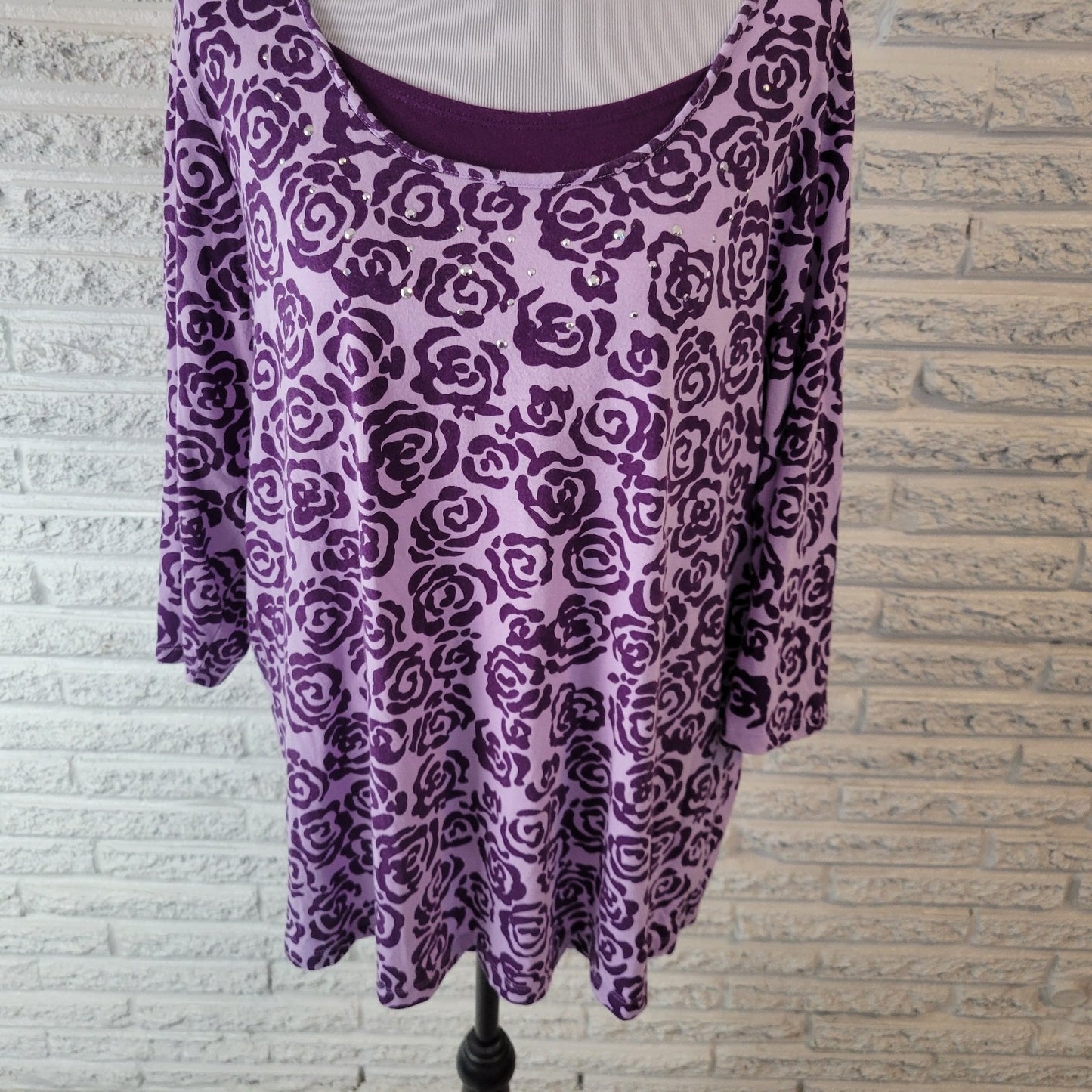 White Stag Womens Top 2X Plus 3/4 Sleeve Purple Floral Studded Casual Comfy