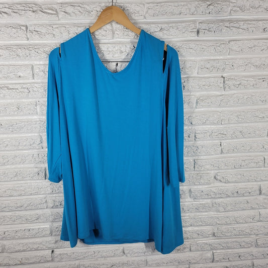 Belle Kim Gravel QVC Womens Top XL Tunic 3/4 Sleeve Blue Cold Shoulder Casual