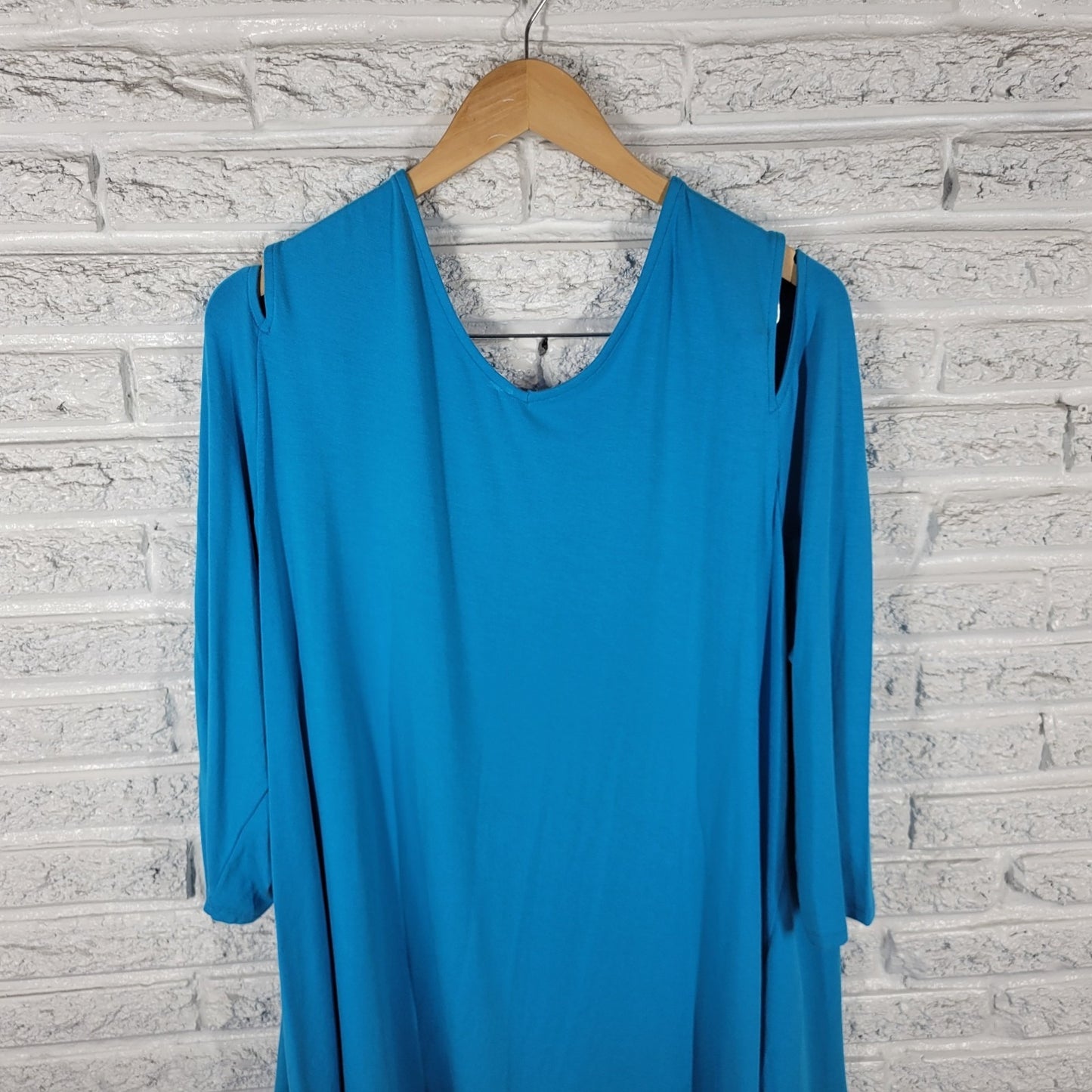 Belle Kim Gravel QVC Womens Top XL Tunic 3/4 Sleeve Blue Cold Shoulder Casual