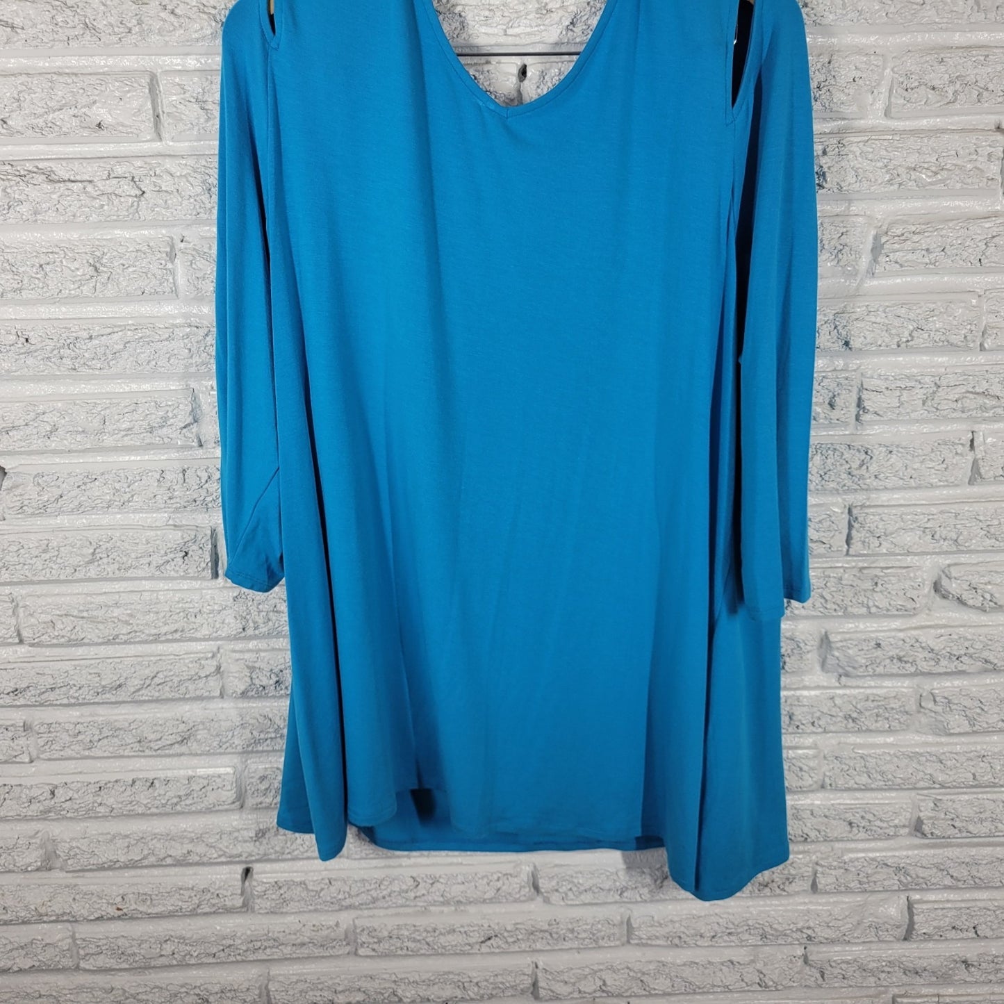 Belle Kim Gravel QVC Womens Top XL Tunic 3/4 Sleeve Blue Cold Shoulder Casual