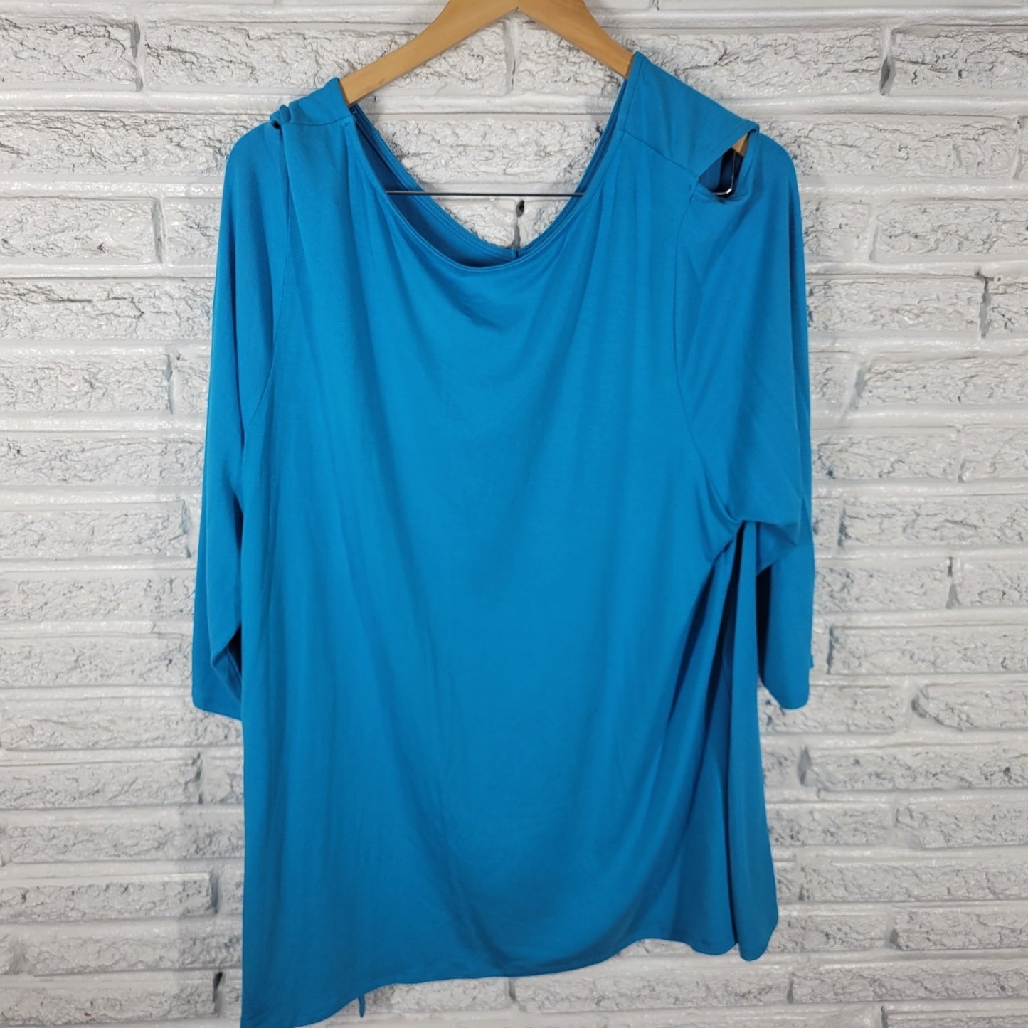 Belle Kim Gravel QVC Womens Top XL Tunic 3/4 Sleeve Blue Cold Shoulder Casual
