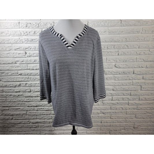 Chicos Weekends Womens Top 3XL Plus Knit 3/4 Sleeve Pockets Black Stripe Casual