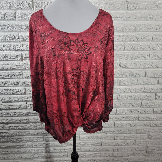 Live Let Live Womens Top 2X Trumpet Sleeve Red Floral Lightweight Ruched Sheer