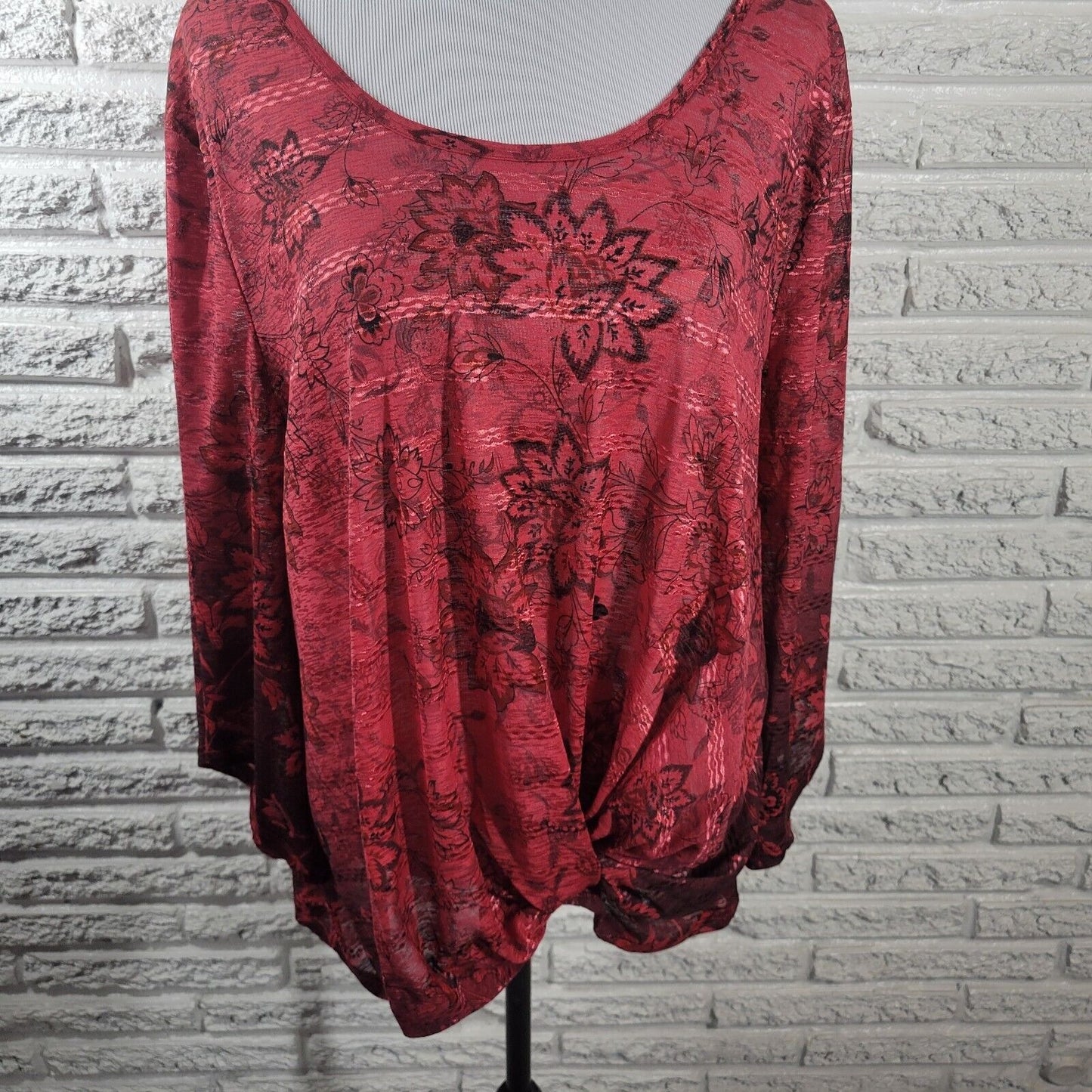 Live Let Live Womens Top 2X Trumpet Sleeve Red Floral Lightweight Ruched Sheer
