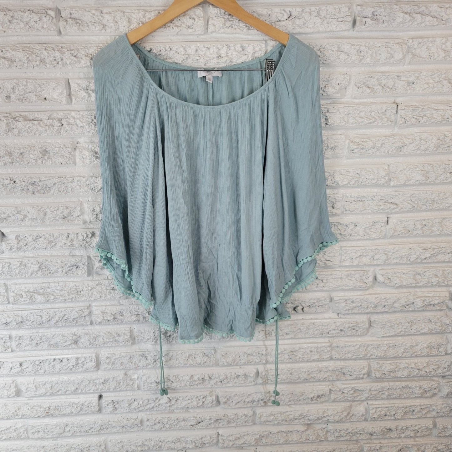 New Directions Womens Top 1X Plus On Off Shoulder Crinkle Blue Ric Rac Side Ties