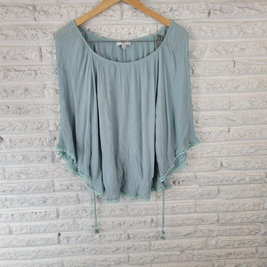 New Directions Womens Top 1X Plus On Off Shoulder Crinkle Blue Ric Rac Side Ties