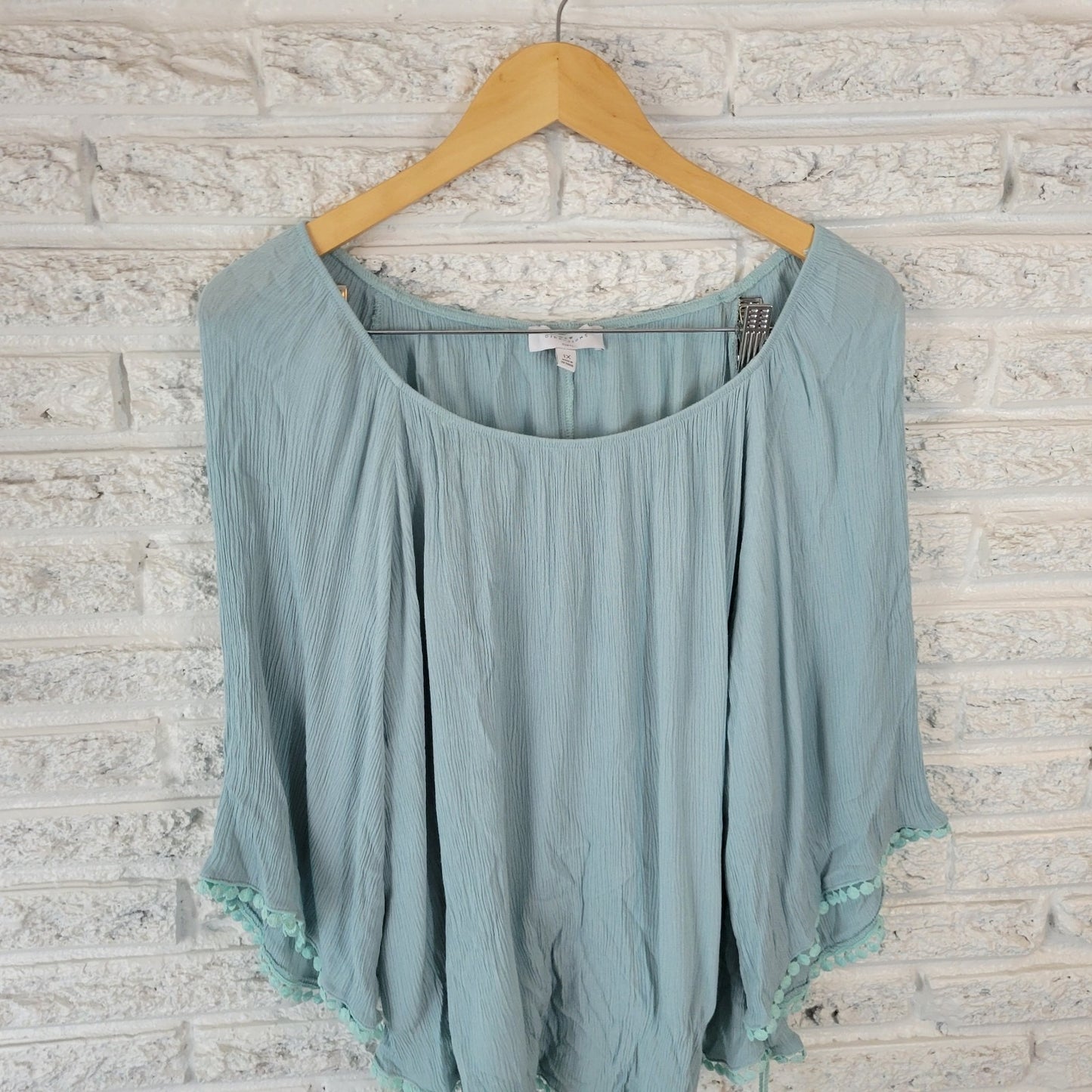 New Directions Womens Top 1X Plus On Off Shoulder Crinkle Blue Ric Rac Side Ties