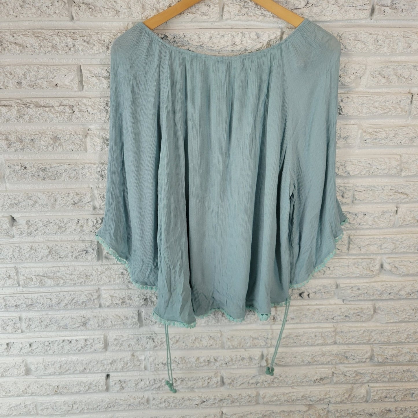 New Directions Womens Top 1X Plus On Off Shoulder Crinkle Blue Ric Rac Side Ties