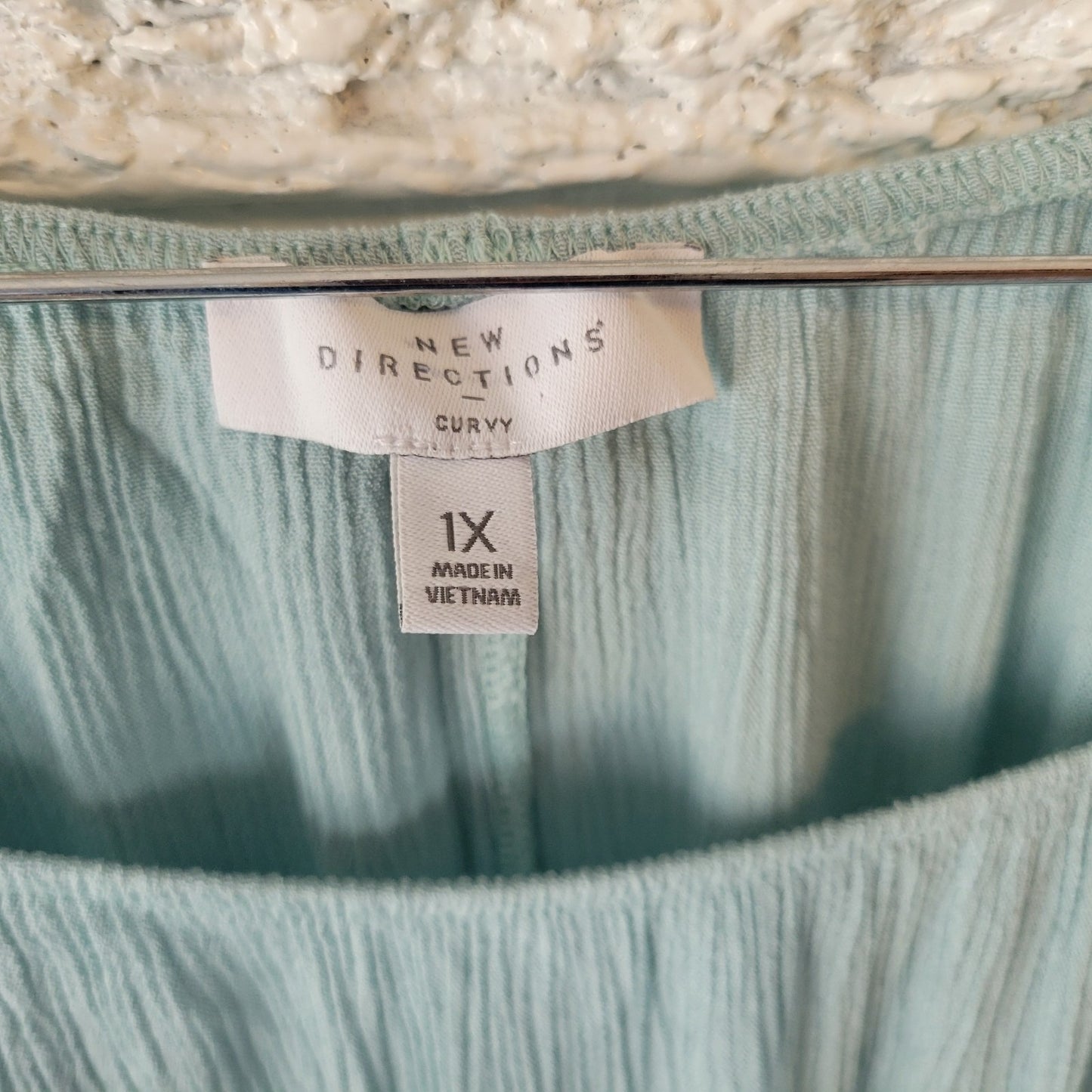 New Directions Womens Top 1X Plus On Off Shoulder Crinkle Blue Ric Rac Side Ties