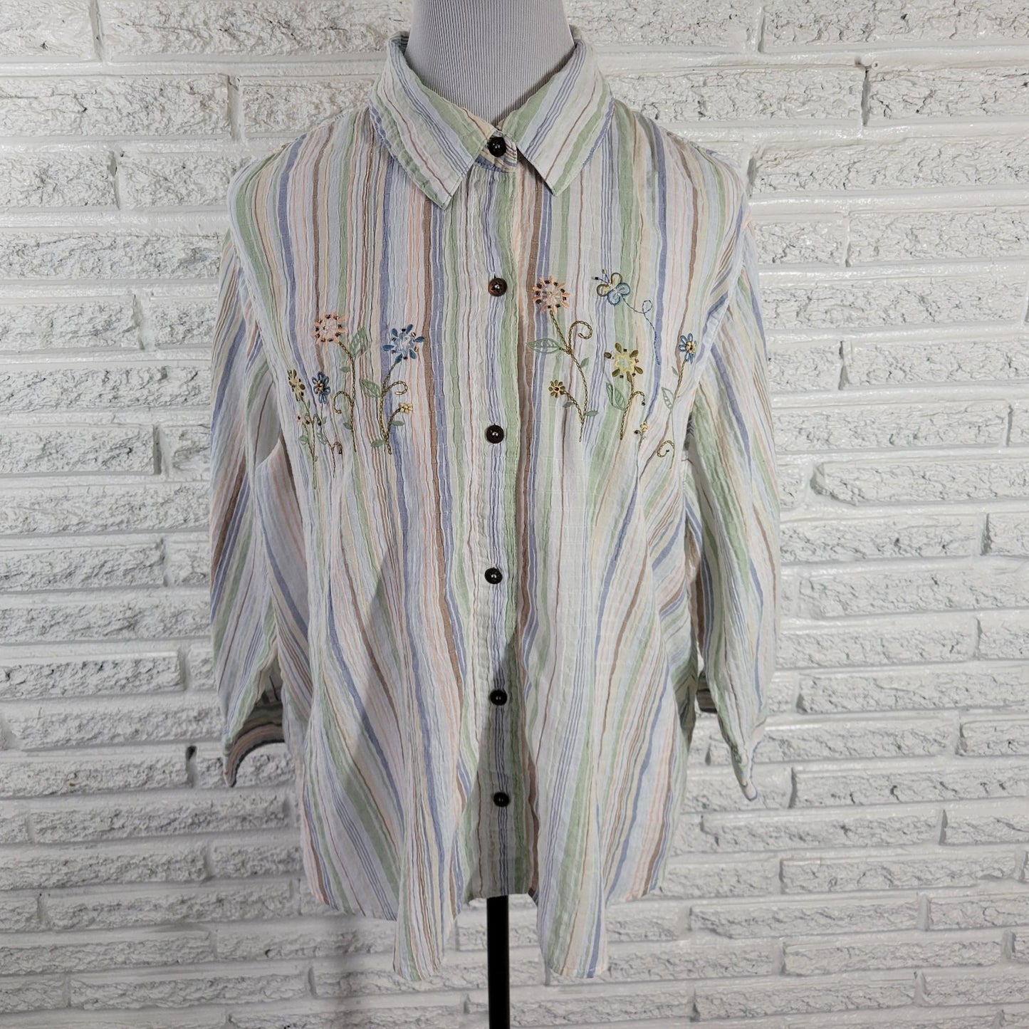 Alfred Dunner Plus Size 18 Striped Button Up Shirt Blue Green Embroidered Beaded