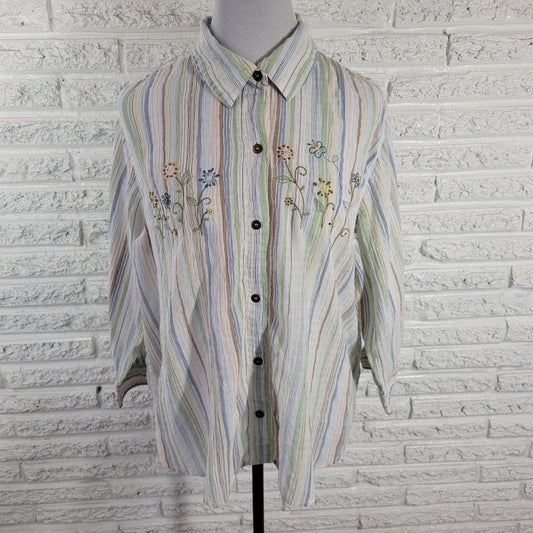 Alfred Dunner Plus Size 18 Striped Button Up Shirt Blue Green Embroidered Beaded