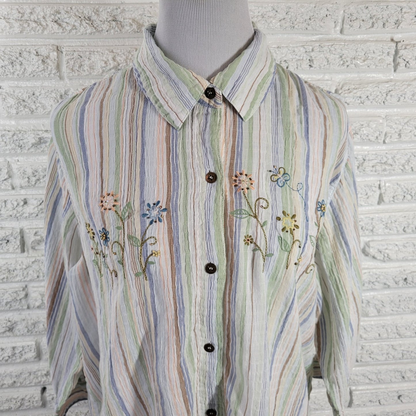 Alfred Dunner Plus Size 18 Striped Button Up Shirt Blue Green Embroidered Beaded