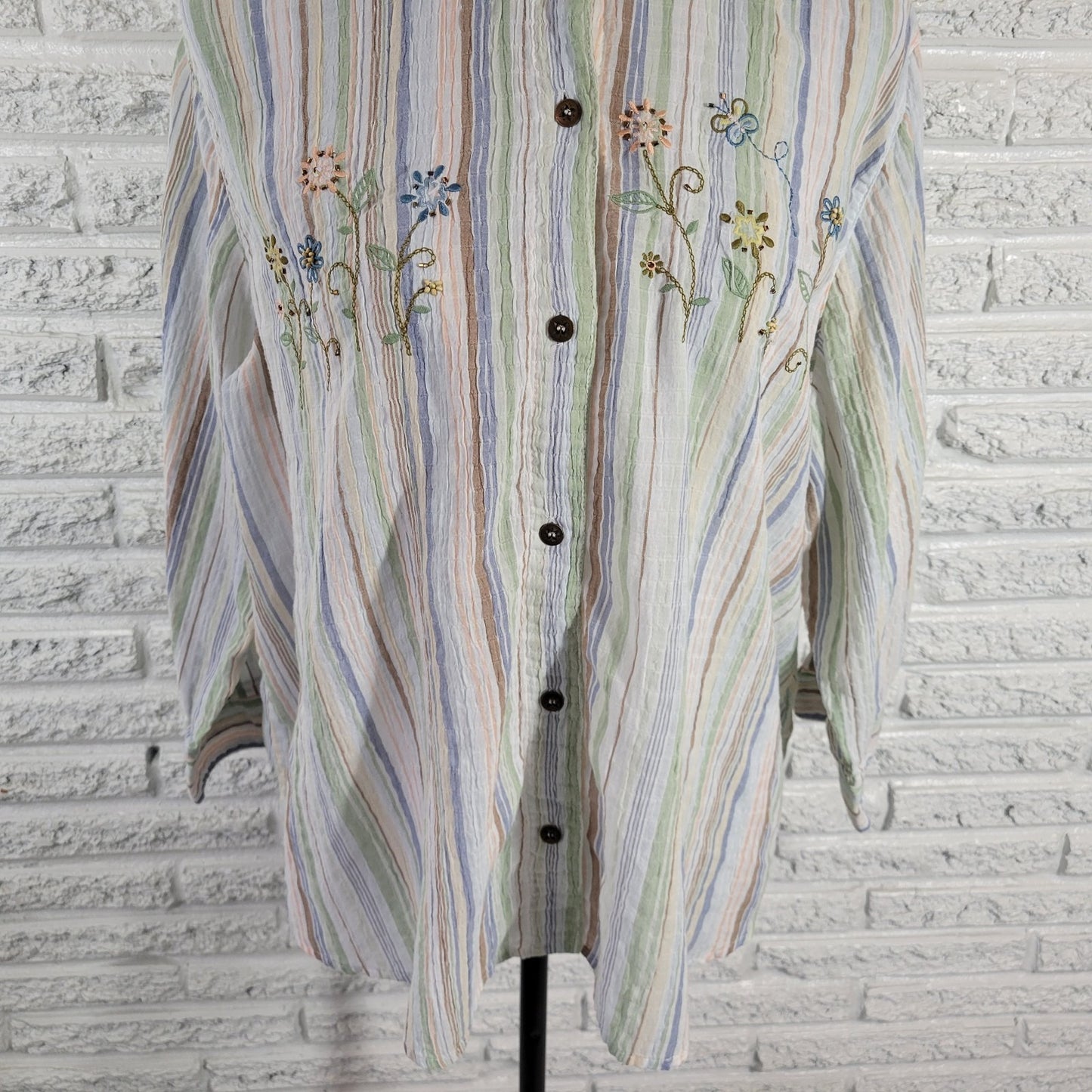 Alfred Dunner Plus Size 18 Striped Button Up Shirt Blue Green Embroidered Beaded