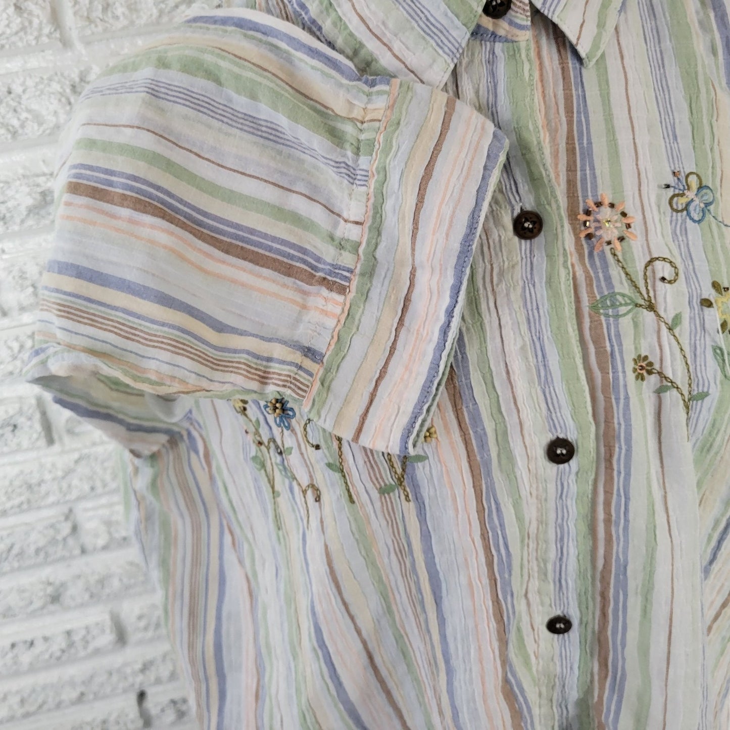 Alfred Dunner Plus Size 18 Striped Button Up Shirt Blue Green Embroidered Beaded