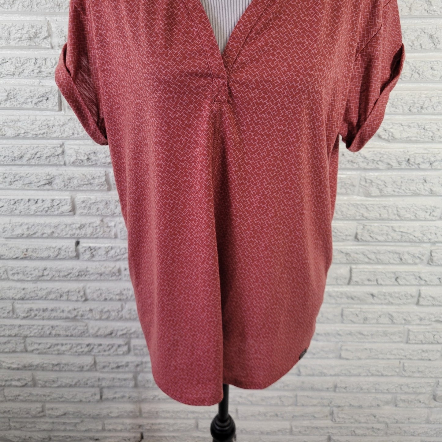 LL Bean Women's XL Top Brown Geometric V-Neck Short Sleeve Stretch Pullover