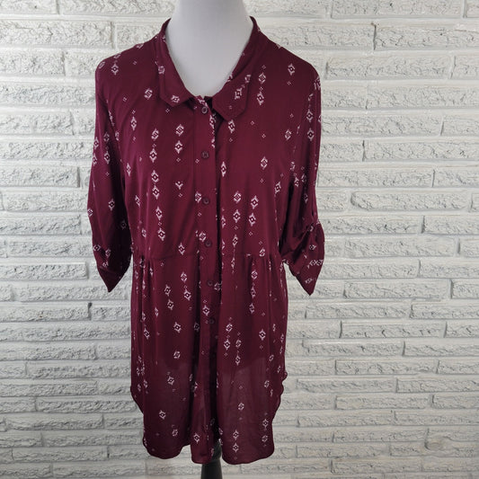 Style Co Womens Top Extra Large Roll Tab Sleeve Burgundy Geometric Nylon Button
