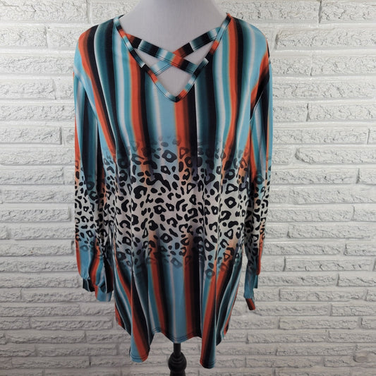 Southern Stitch Womens Top 2XL Plus Tunic Red Blue Watercolor Poly Blend Keyhole