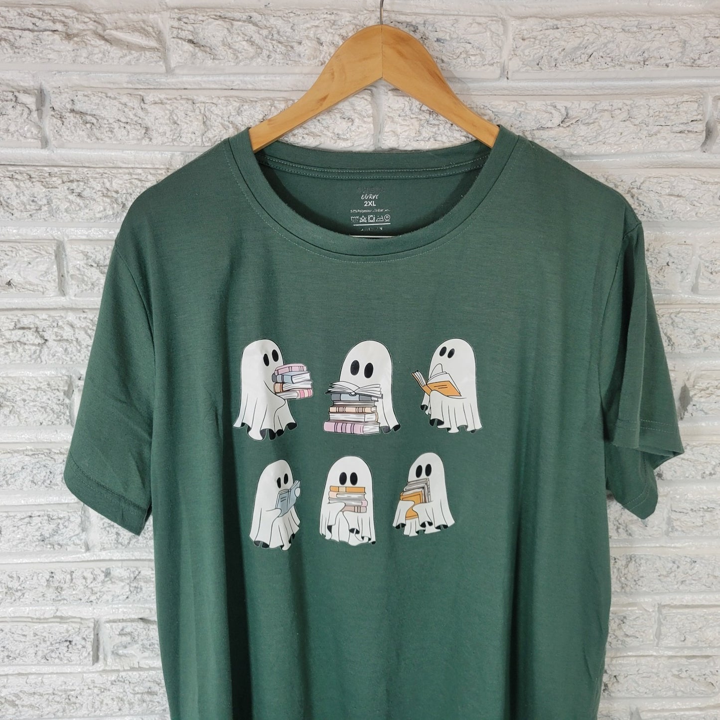 Halloween Shein Curve Womens Top 2XL Plus Tee Short Sleeves Green Reading Ghosts