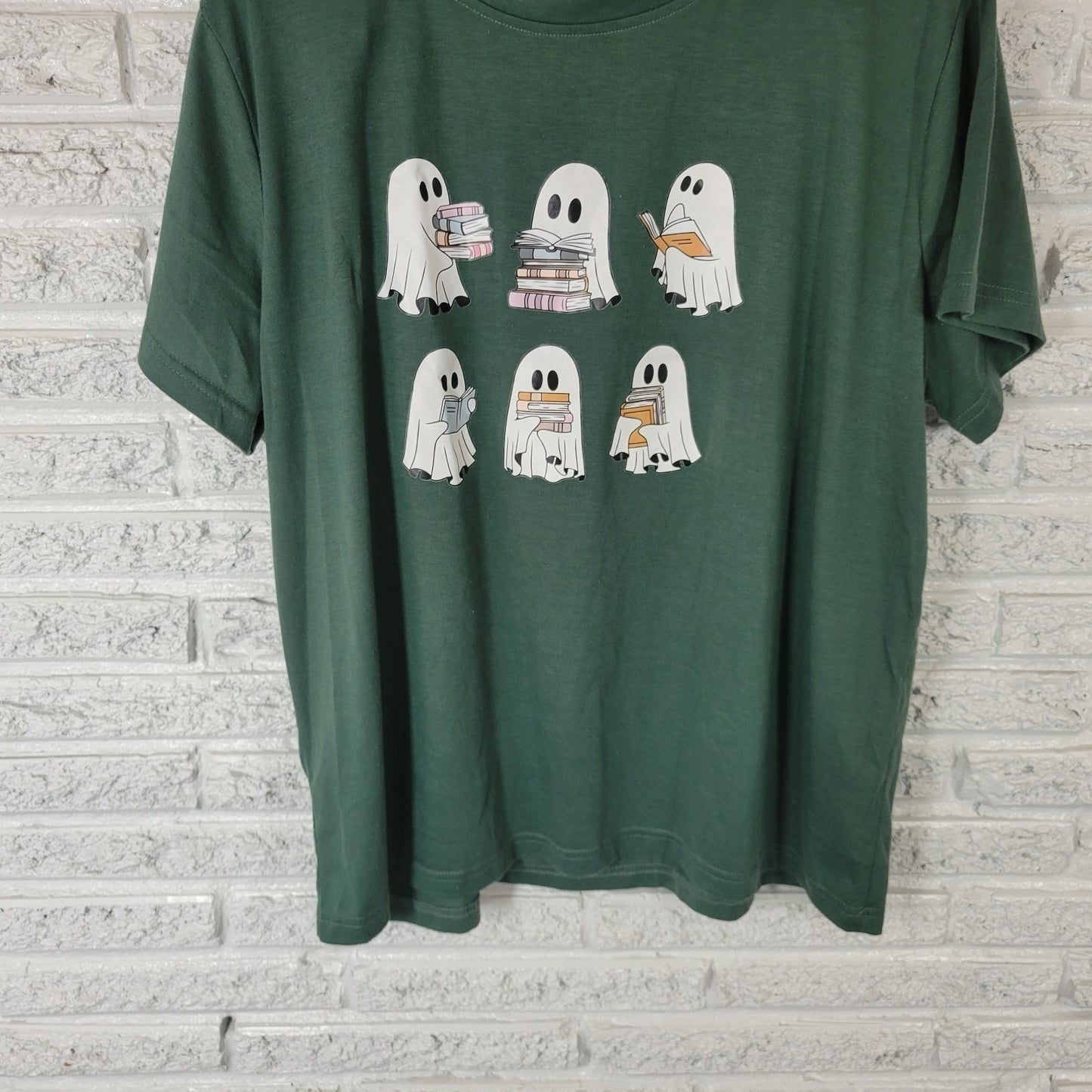 Halloween Shein Curve Womens Top 2XL Plus Tee Short Sleeves Green Reading Ghosts