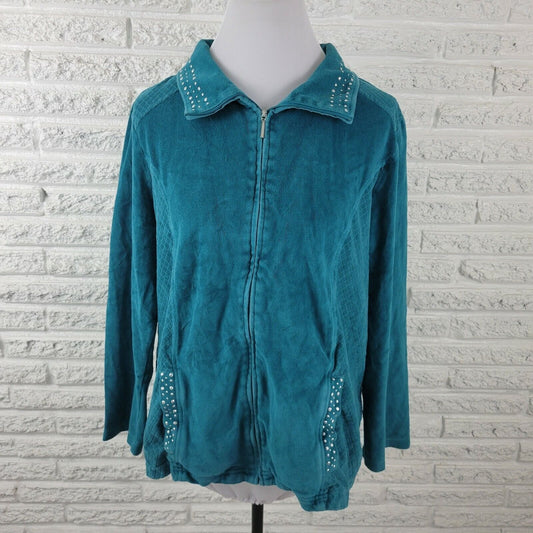 Alfred Dunner Womens Jacket 18 Blue Green Corduroy Studded Casual Collar